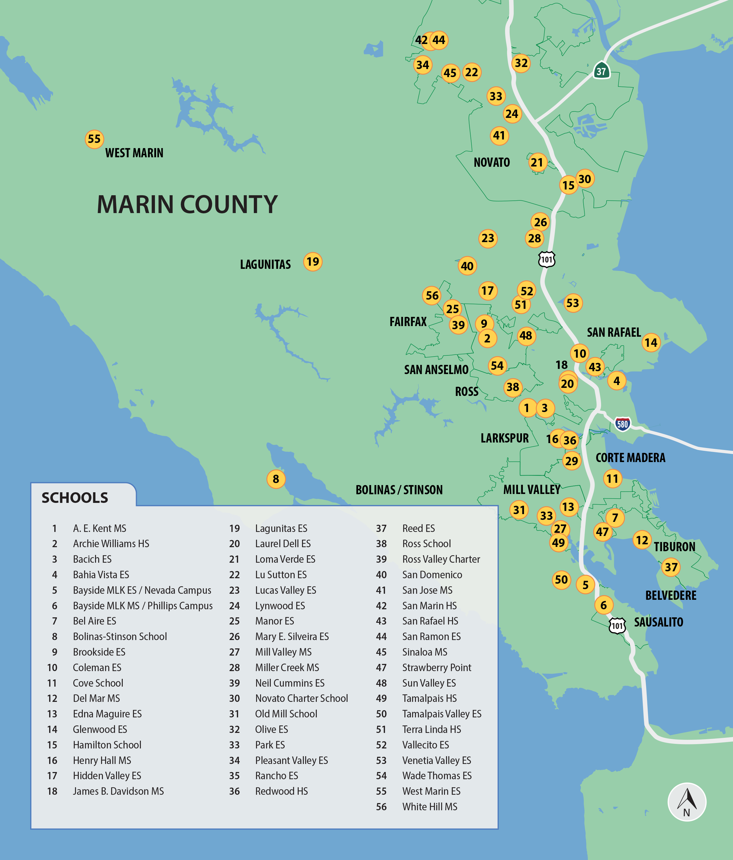 Map showing participating schools in Marin