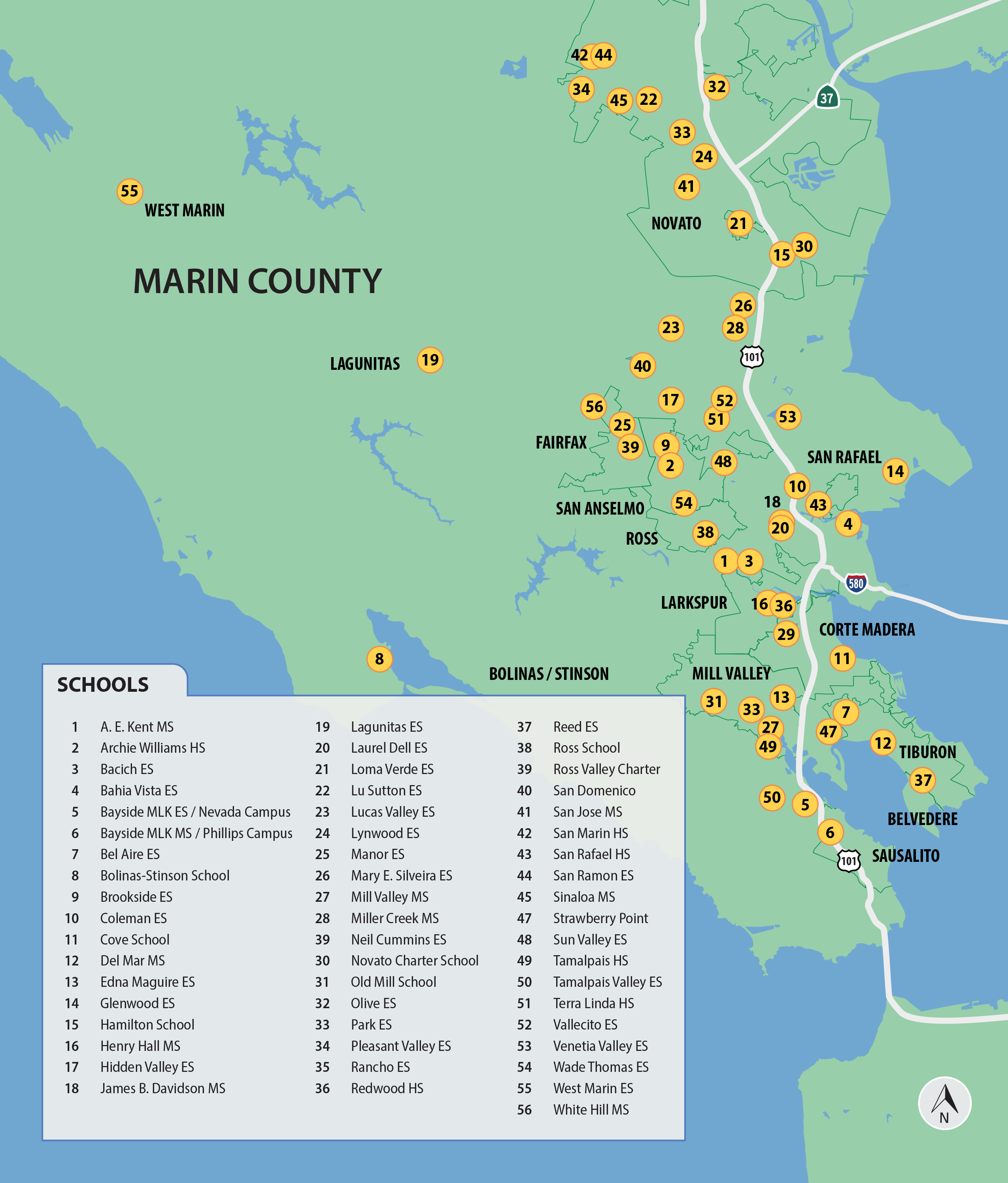 2022-Participating-schools-map Map showing participating schools in Marin