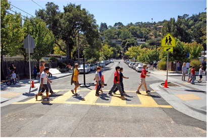 Students crossing street at crosswalk