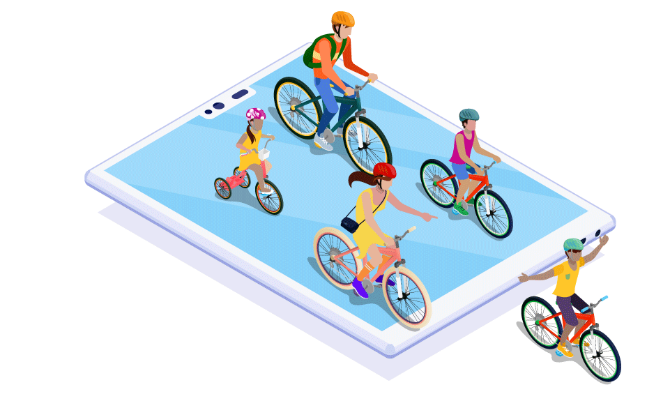Cartoon of kids on bike riding over a tablet computer