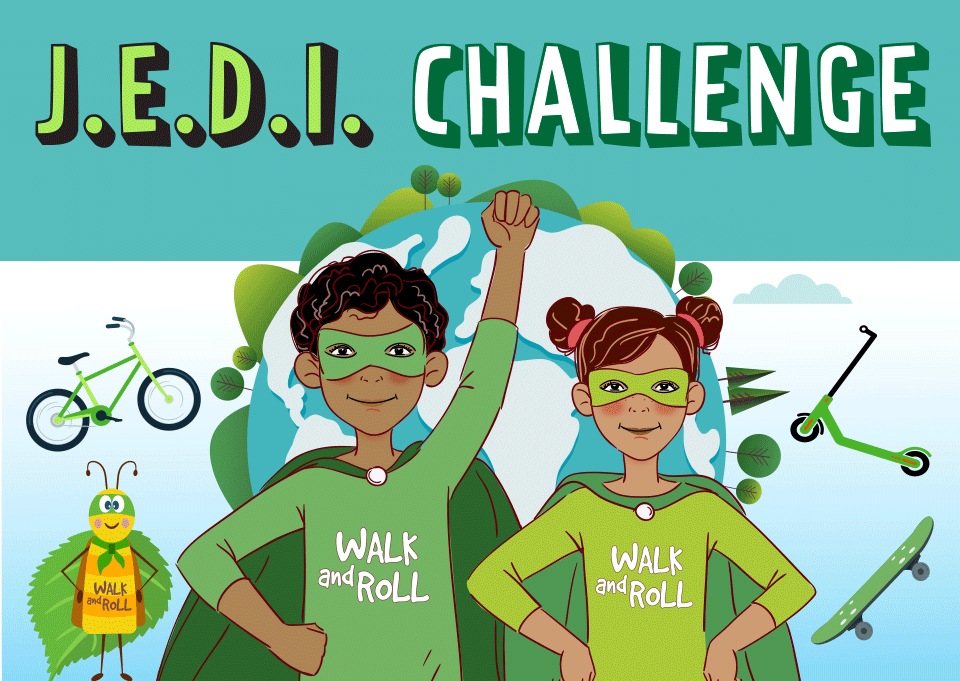 Children wearing green superhero costumes: become a planet jedi