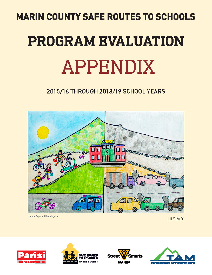 Report cover showing a drawing of people walking, biking, and driving to school