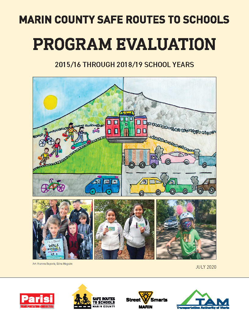 Report cover showing students and a drawing of a school