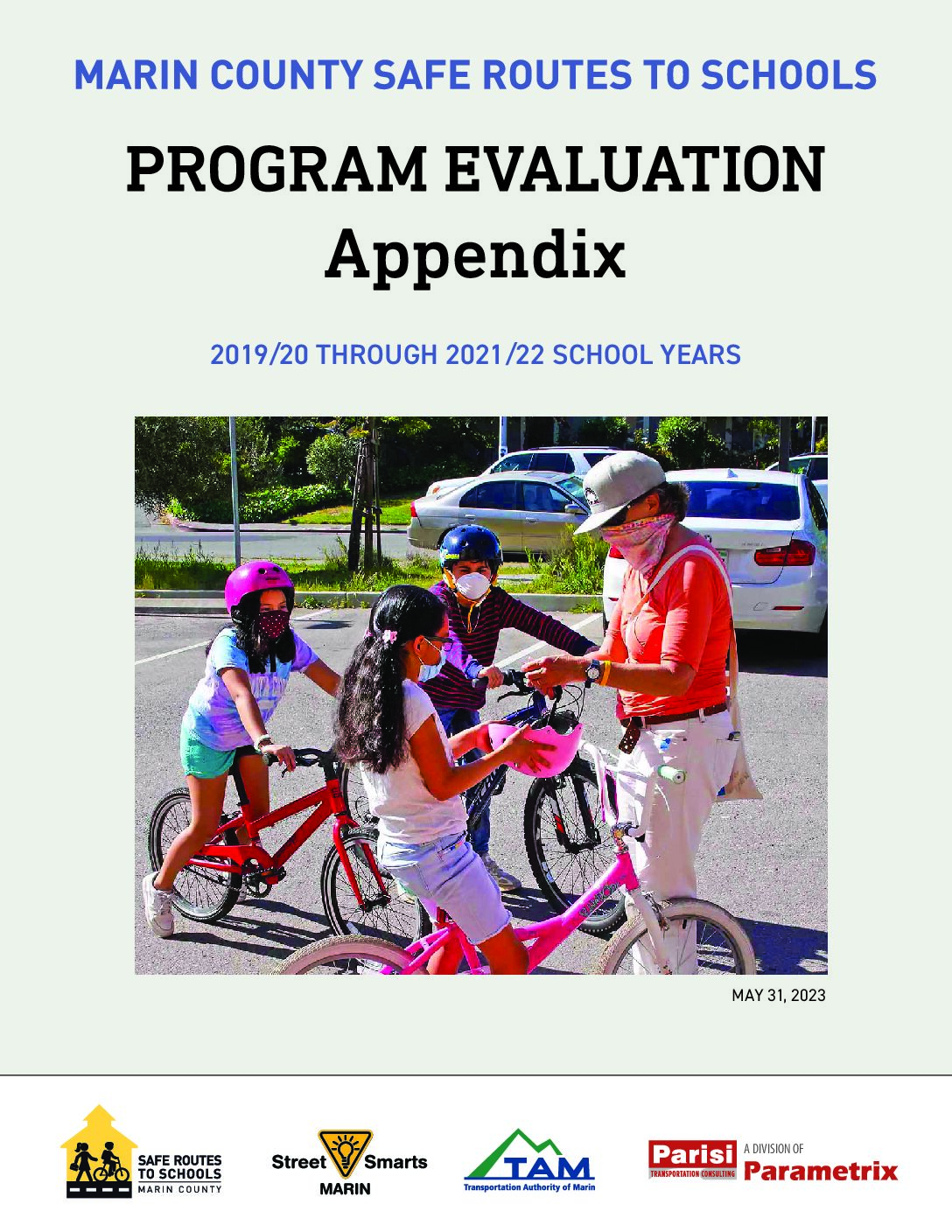 Report cover showing a drawing of people walking, biking, and driving to school