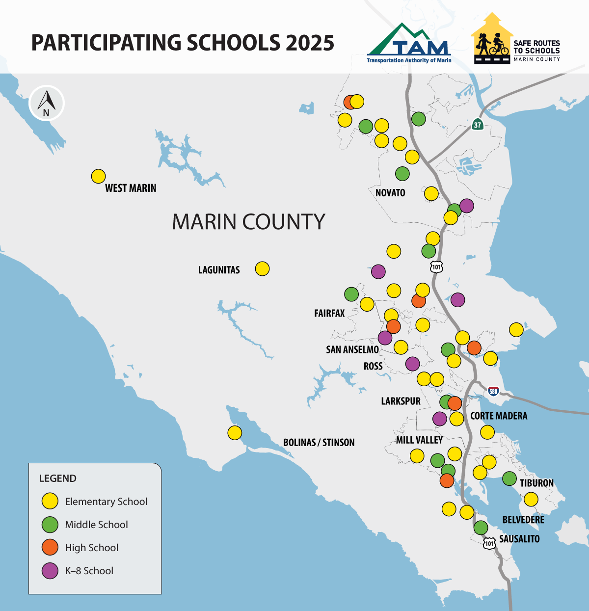 Participating-Schools-2025-for-www Map showing participating schools in Marin
